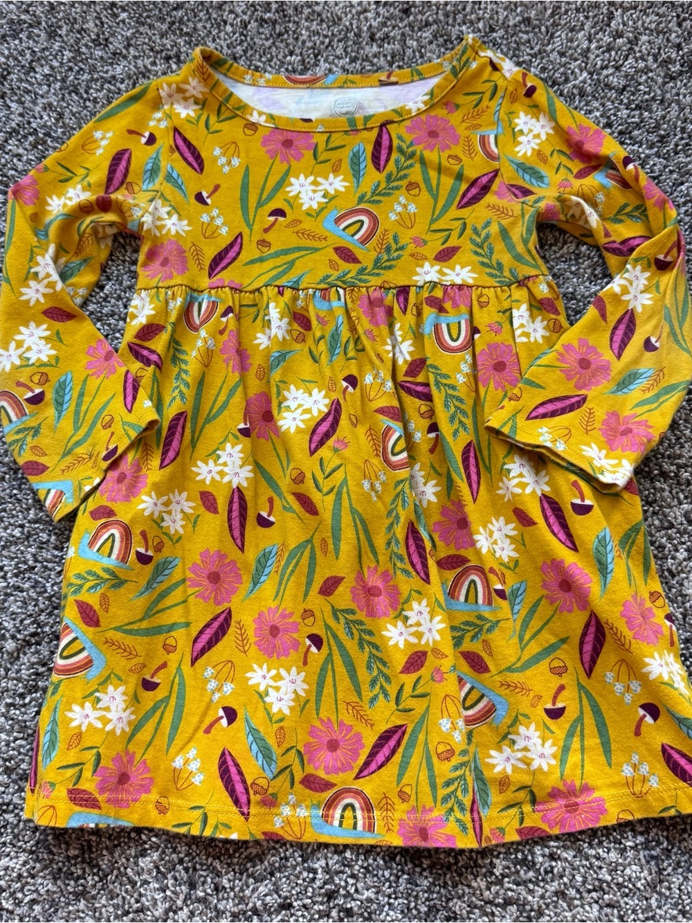 Mustard Floral & Rainbow Print Long-Sleeve Dress